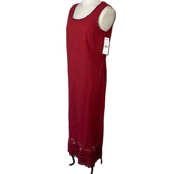 New Graff Vintage Maxi Dress Size Small Red Linen Blend Embroidered Fringe Hem - Picture 3 of 13